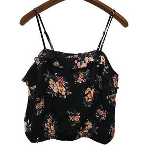 NWT Xhilaration Women's Boho Cropped Tank Top L Cottagecore Black Floral Ruffle
